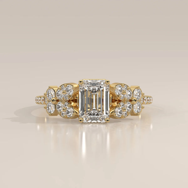 Side Profile: Emerald Cut Diamond Ring with Cluster Setting in Yellow Gold – Lab Grown – Driona Jewels