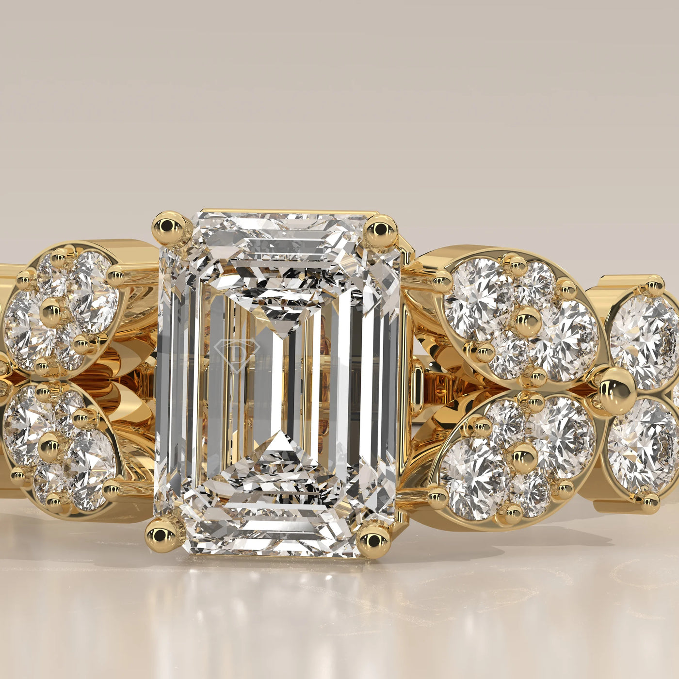 Stone Detail: Emerald Cut Lab Grown Diamonds in Cluster Setting – Yellow Gold – Driona Jewels