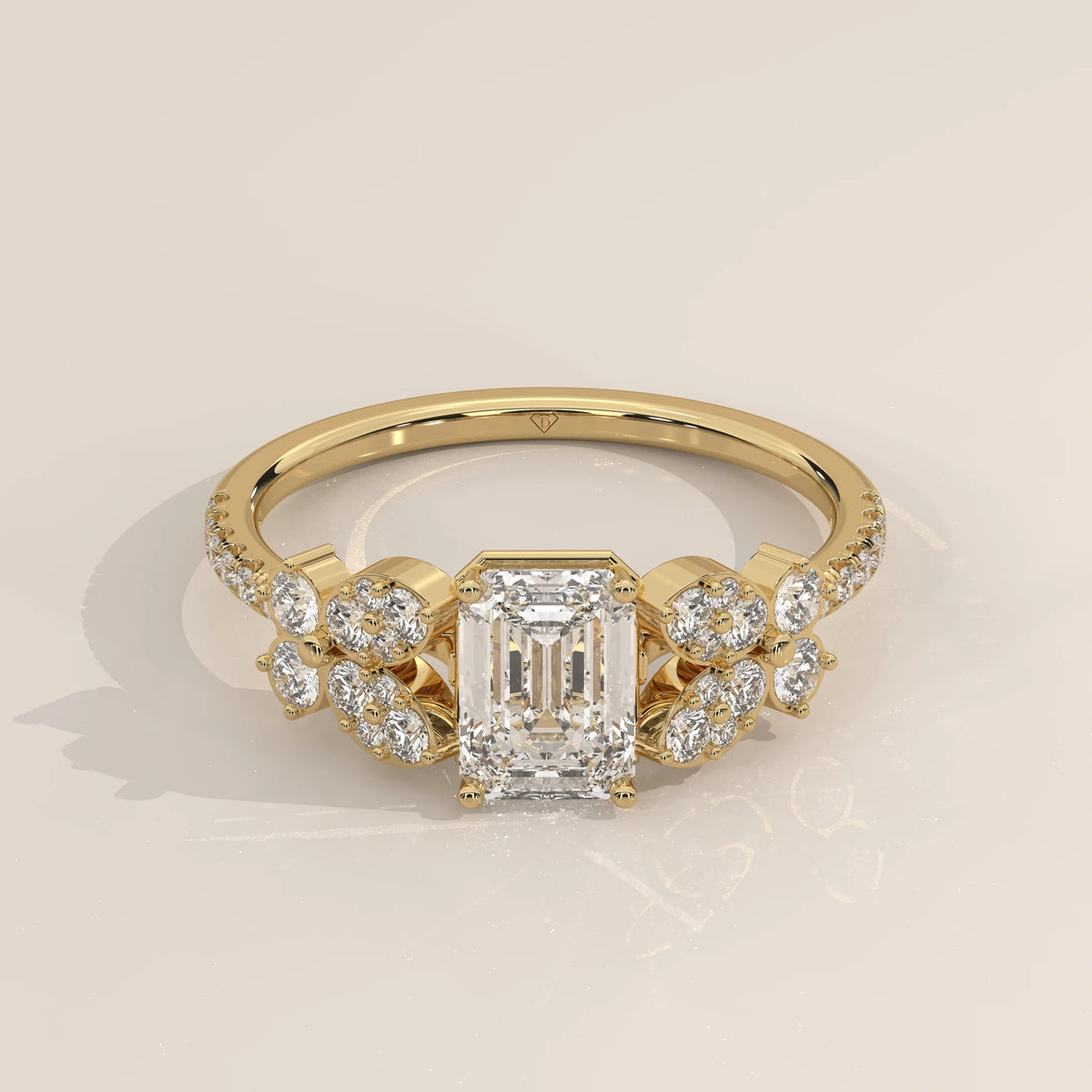 Three-Quarter View: Emerald Cut Diamond Ring with Cluster Setting in Yellow Gold – Lab Grown – Driona Jewels