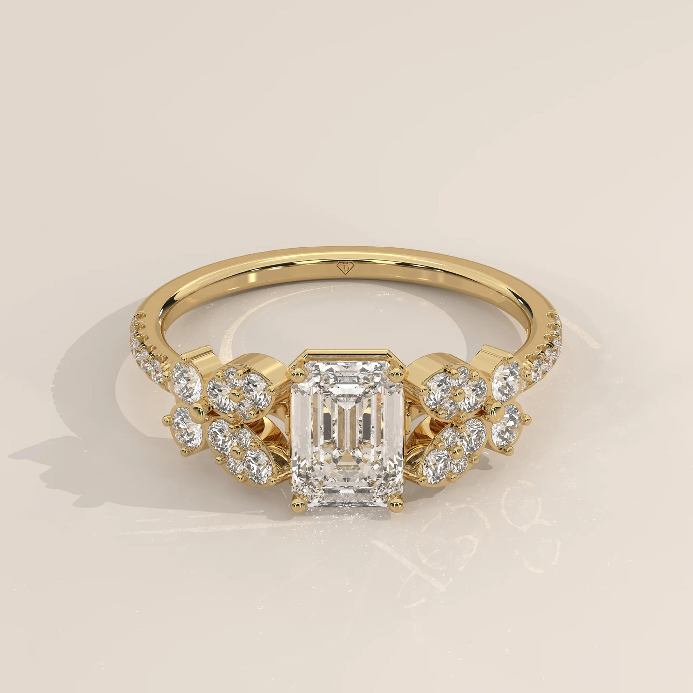 Three-Quarter View: Emerald Cut Diamond Ring with Cluster Setting in Yellow Gold – Lab Grown – Driona Jewels