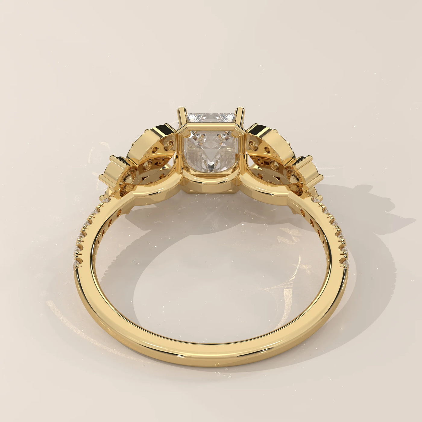 Top View: Emerald Cut Diamond Ring with Cluster Setting in Yellow Gold – Lab Grown – Driona Jewels