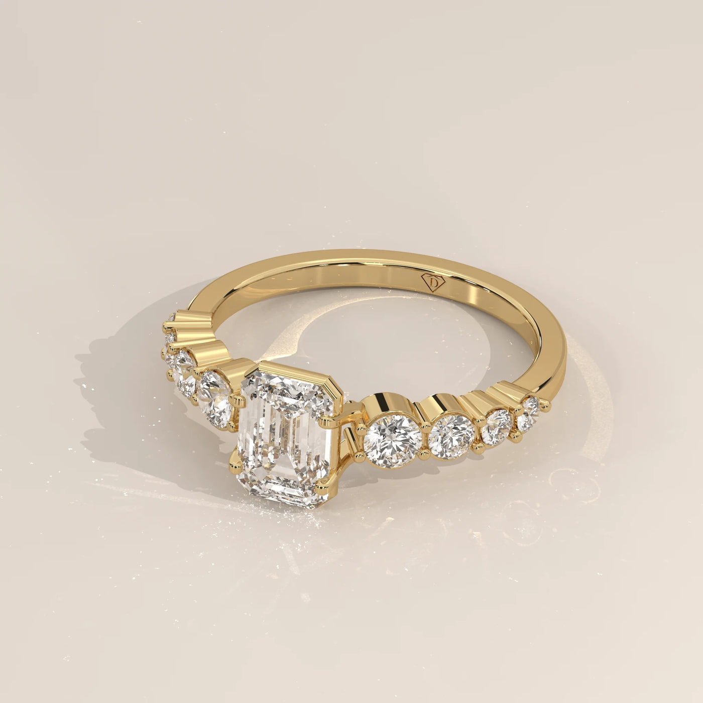 Angle View: Emerald Cut Diamond Engagement Ring with Prong Setting in Yellow Gold – Lab Grown – Driona Jewels