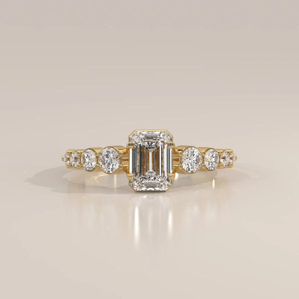 Side Profile: Emerald Cut Diamond Engagement Ring with Prong Setting in Yellow Gold – Lab Grown – Driona Jewels