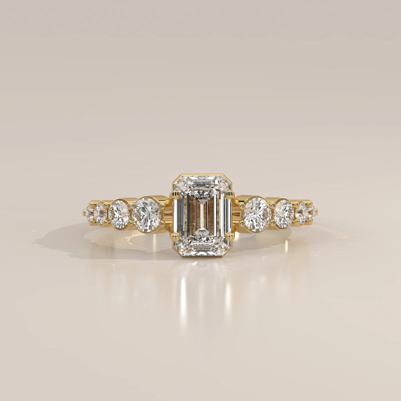 Side Profile: Emerald Cut Diamond Engagement Ring with Prong Setting in Yellow Gold – Lab Grown – Driona Jewels