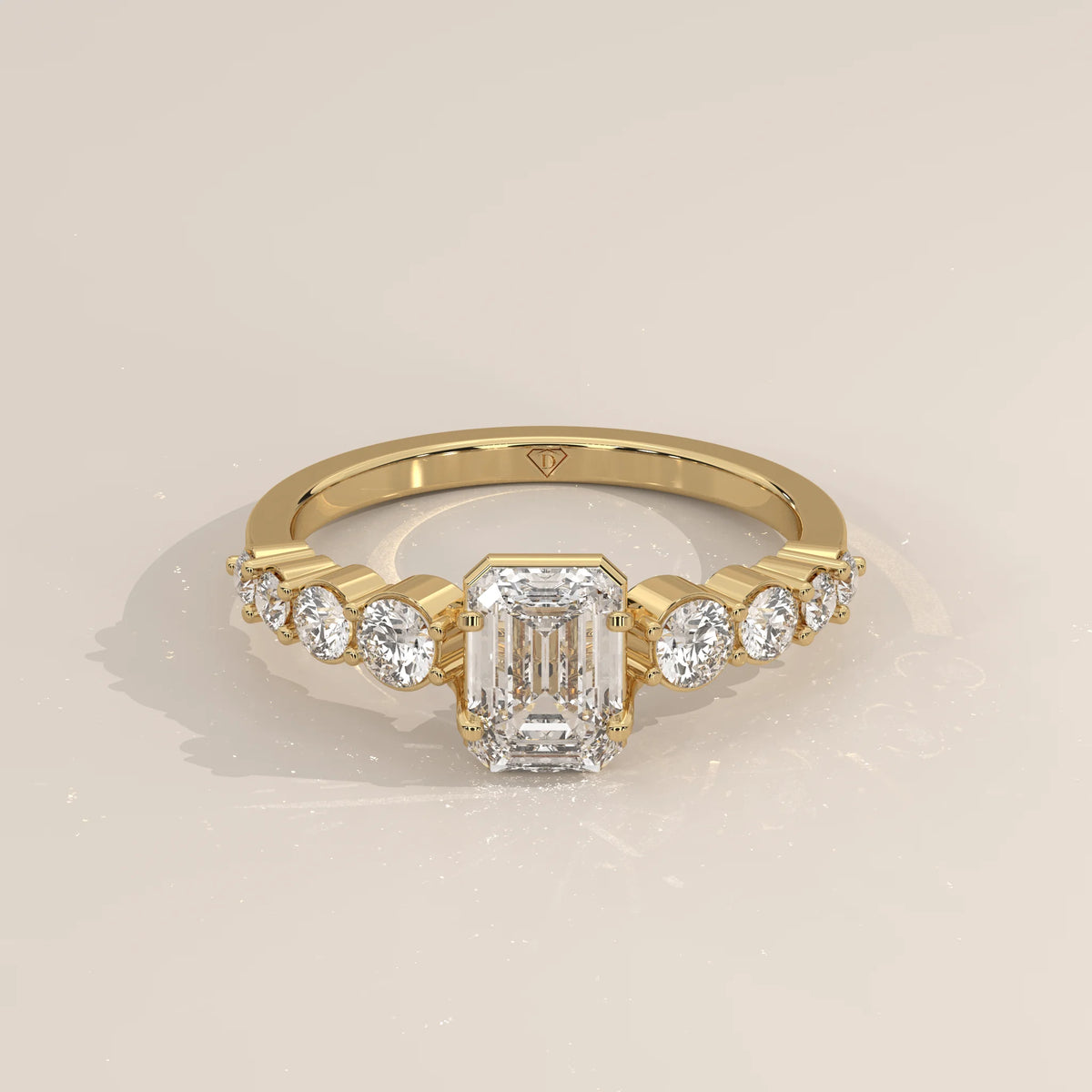 Three-Quarter View: Emerald Cut Diamond Engagement Ring with Prong Setting in Yellow Gold – Lab Grown – Driona Jewels