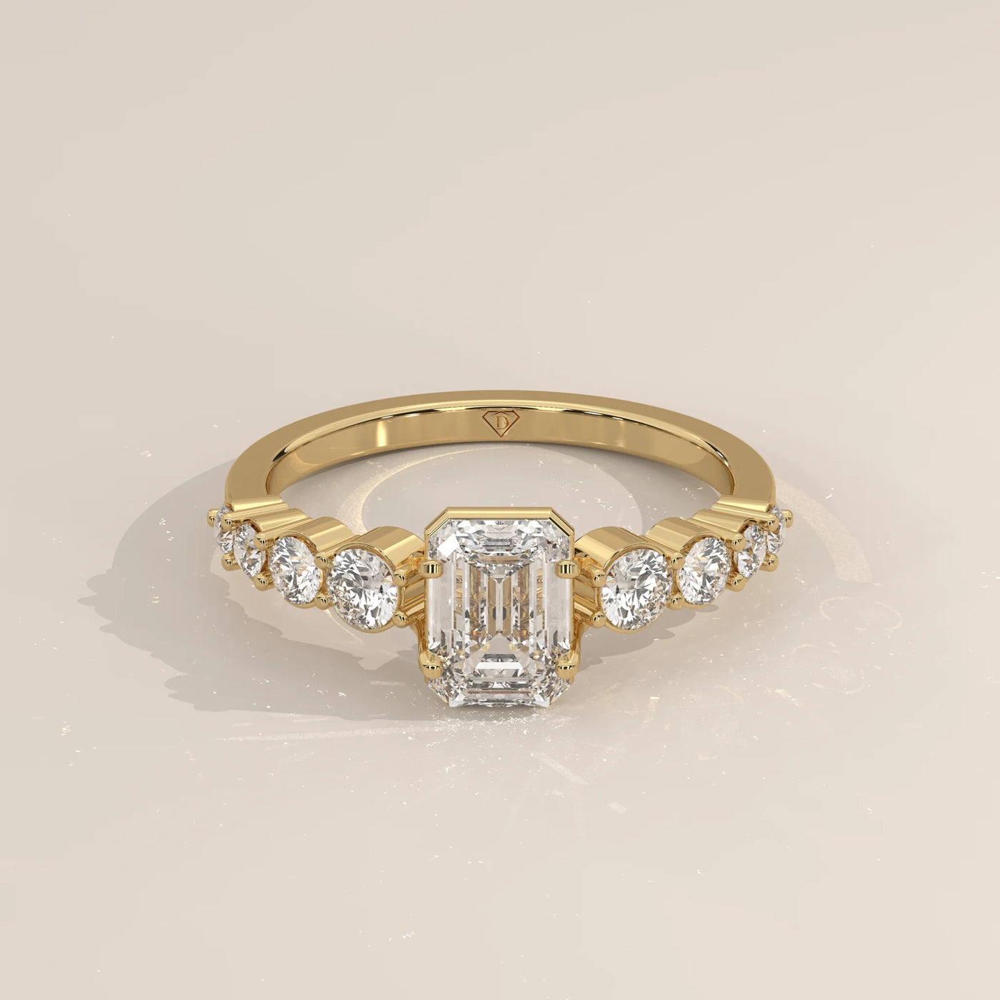 Three-Quarter View: Emerald Cut Diamond Engagement Ring with Prong Setting in Yellow Gold – Lab Grown – Driona Jewels