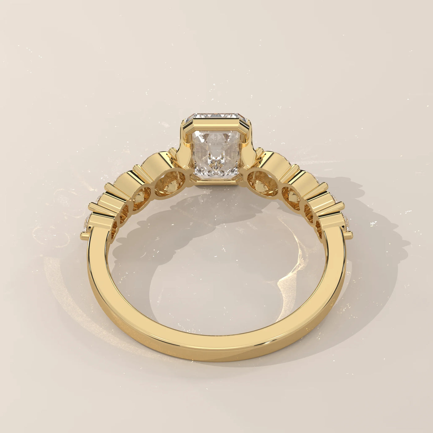 Top View: Emerald Cut Diamond Engagement Ring with Prong Setting in Yellow Gold – Lab Grown – Driona Jewels