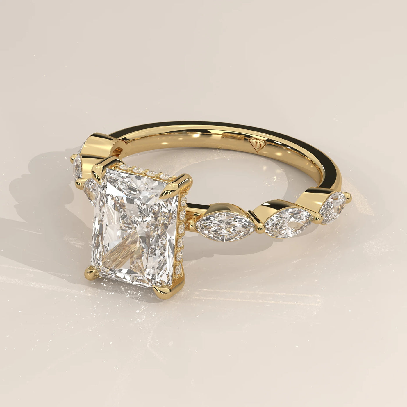 Angle View: Emerald Cut Diamond Ring with Prong Setting in Yellow Gold – Lab Grown – Driona Jewels