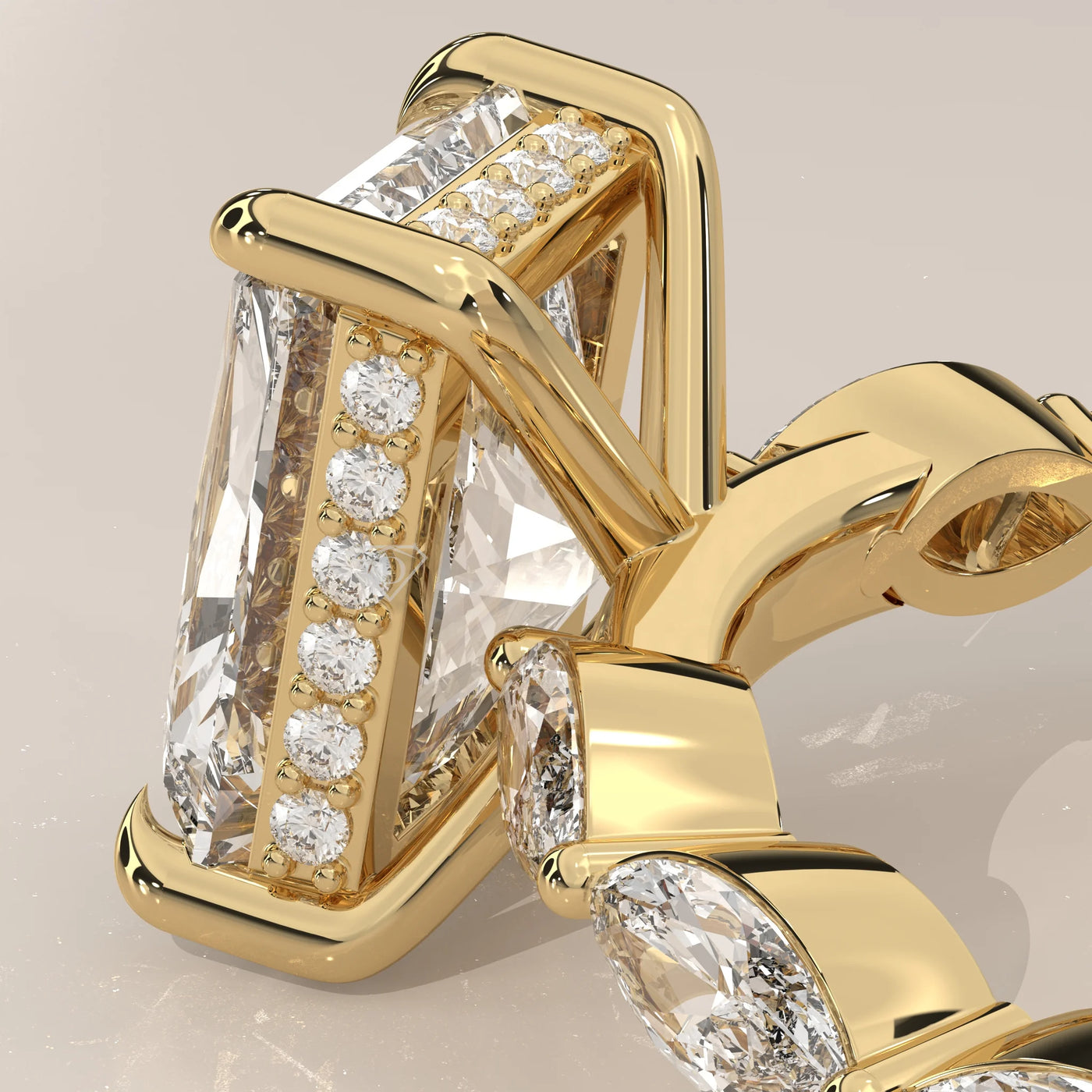 Close-Up: Emerald Cut Diamond Ring with Prong Setting in Yellow Gold – Lab Grown – Driona Jewels