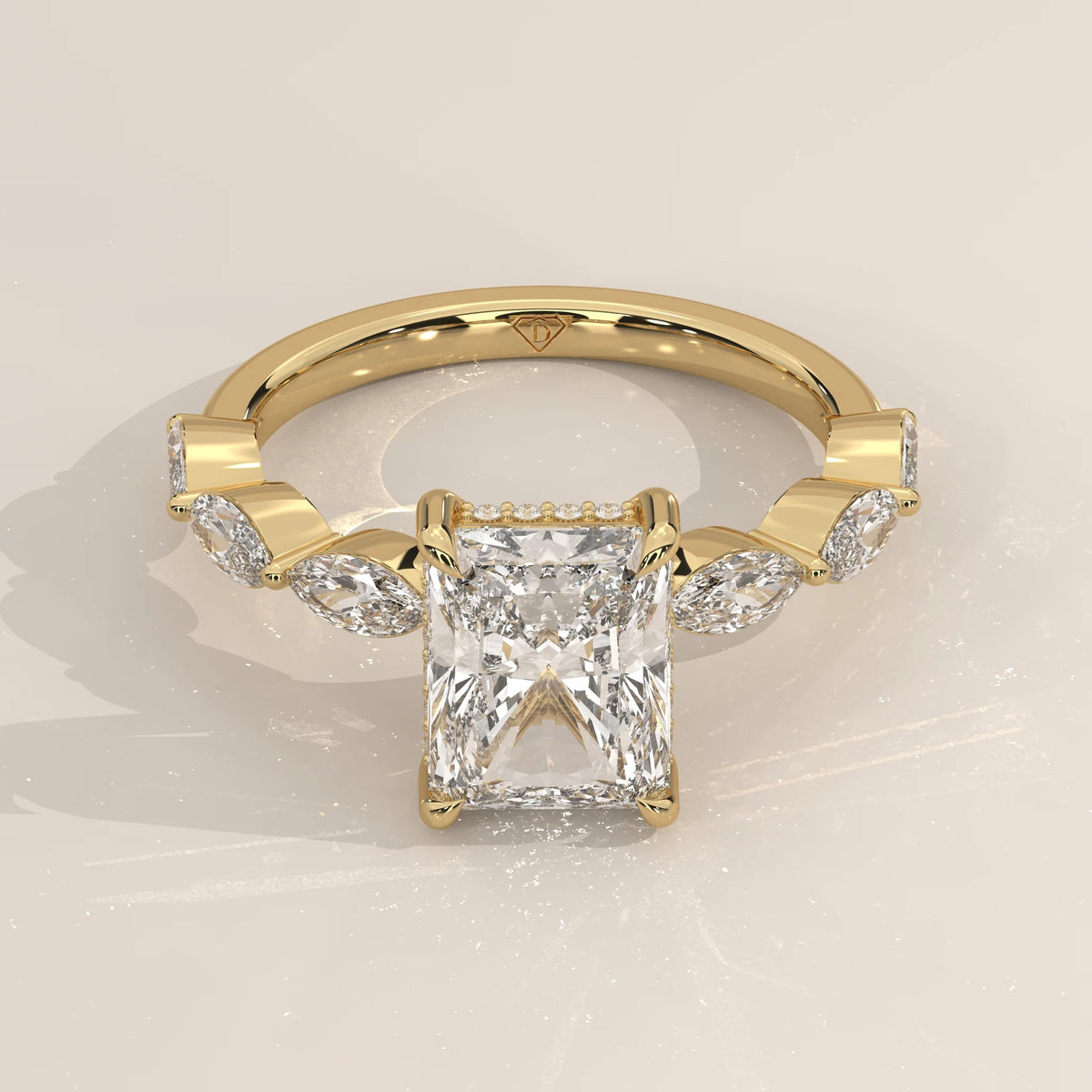 Three-Quarter View: Emerald Cut Diamond Ring with Prong Setting in Yellow Gold – Lab Grown – Driona Jewels