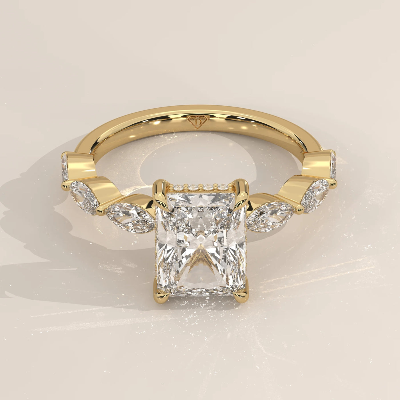 Three-Quarter View: Emerald Cut Diamond Ring with Prong Setting in Yellow Gold – Lab Grown – Driona Jewels
