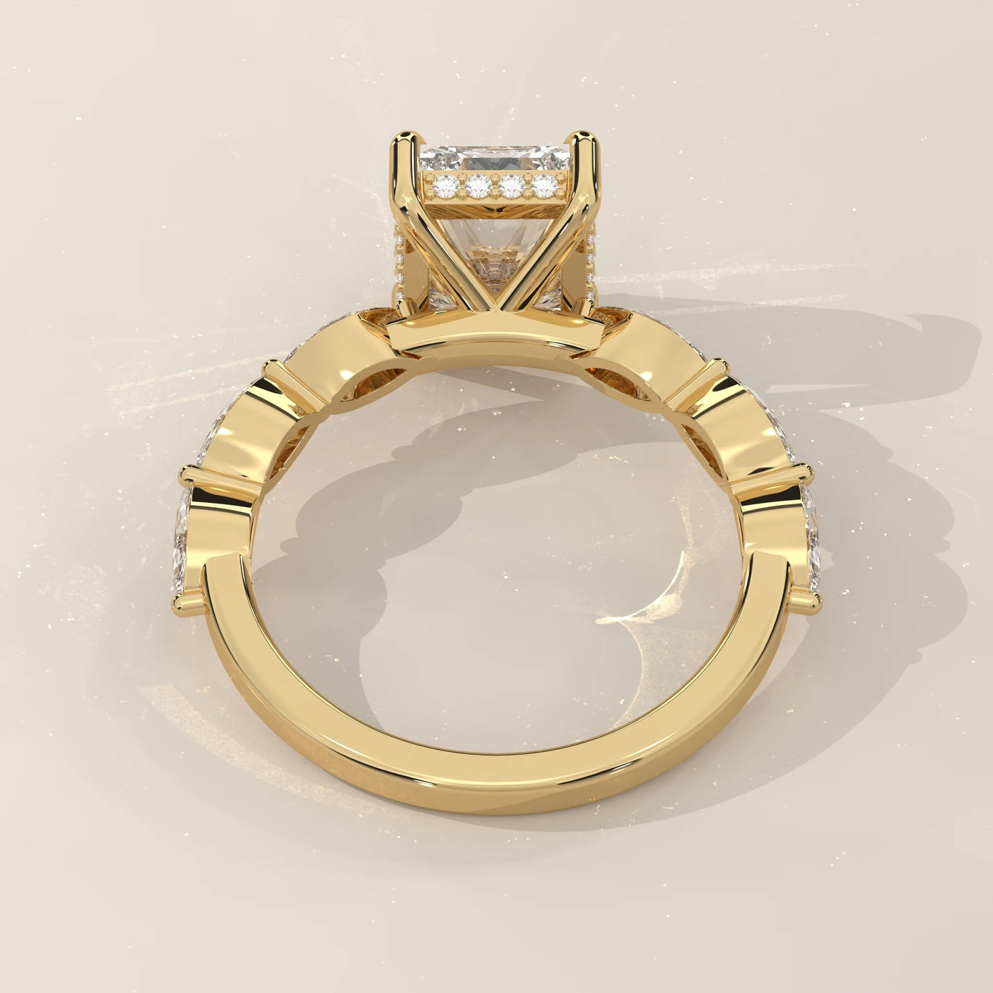 Top View: Emerald Cut Diamond Ring with Prong Setting in Yellow Gold – Lab Grown – Driona Jewels
