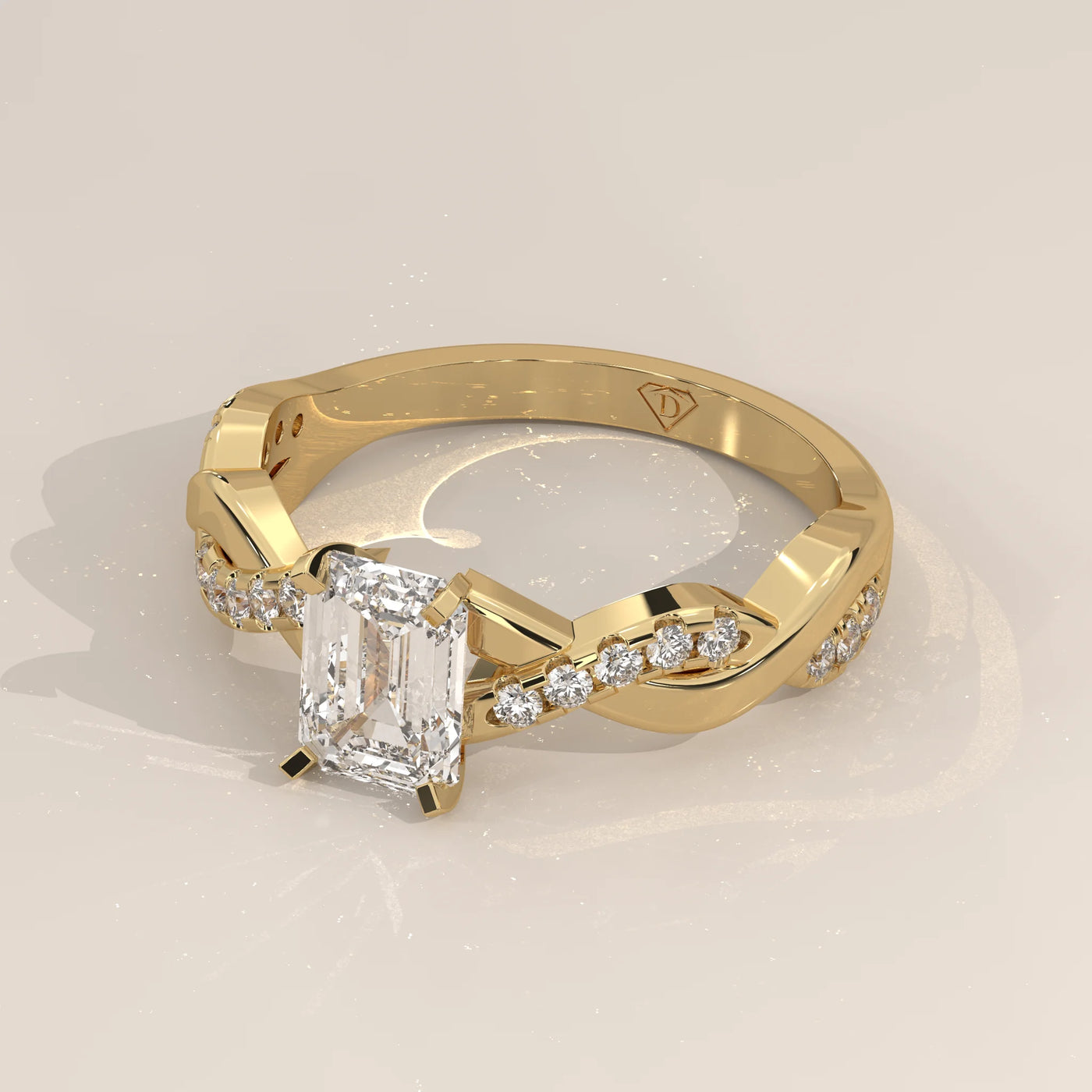 Angle View: Emerald Cut Diamond Band with Twisted Setting in Yellow Gold – Lab Grown – Driona Jewels