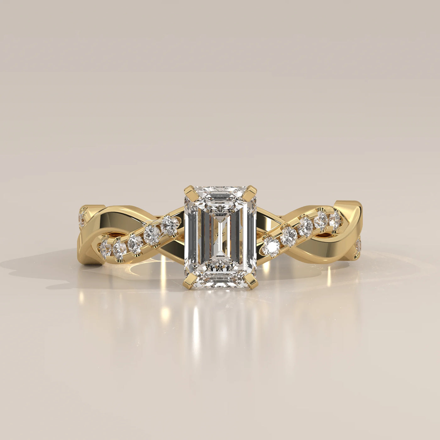 Side Profile: Emerald Cut Diamond Band with Twisted Setting in Yellow Gold – Lab Grown – Driona Jewels