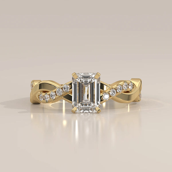Side Profile: Emerald Cut Diamond Band with Twisted Setting in Yellow Gold – Lab Grown – Driona Jewels