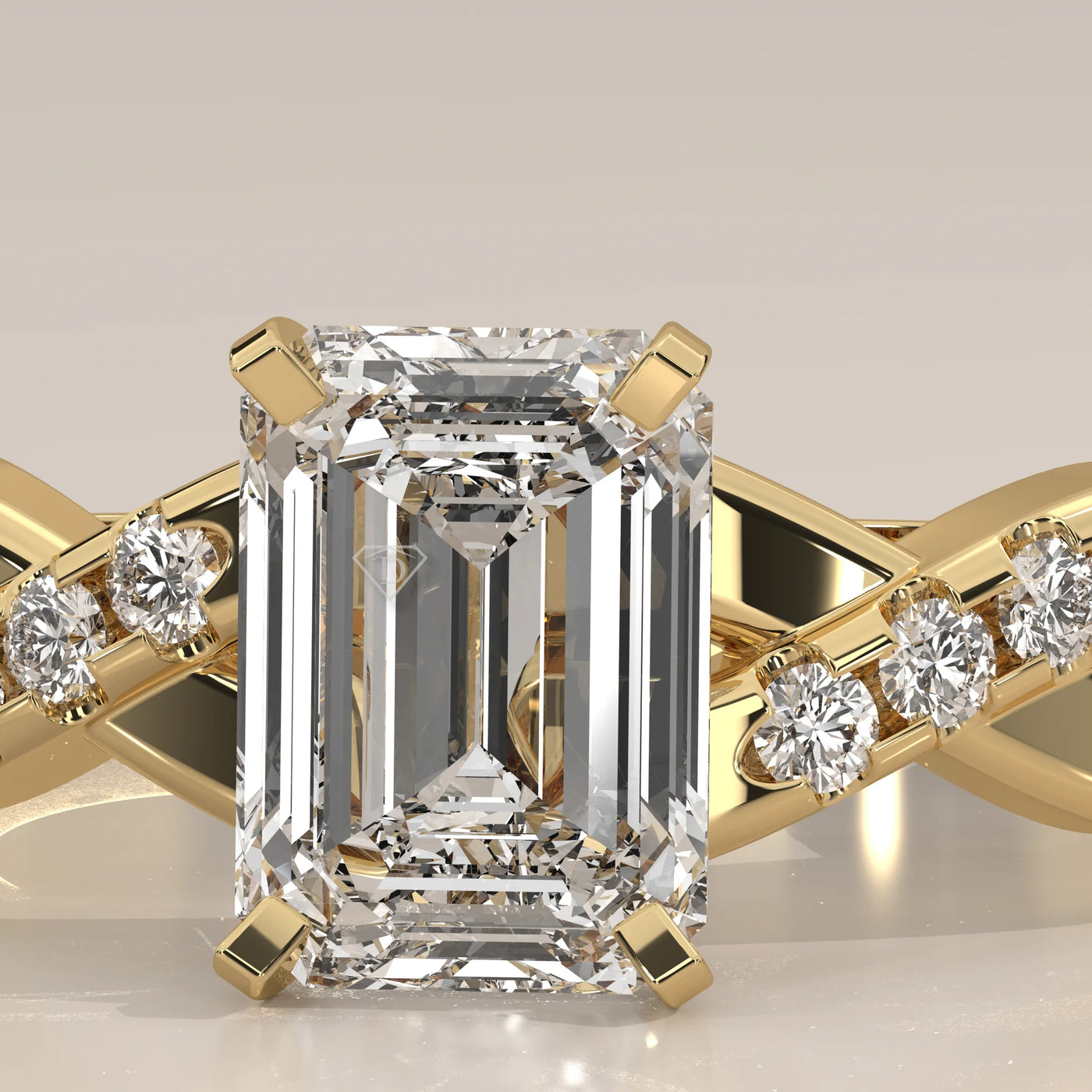 Stone Detail: Emerald Cut Lab Grown Diamonds in Twisted Setting – Yellow Gold – Driona Jewels