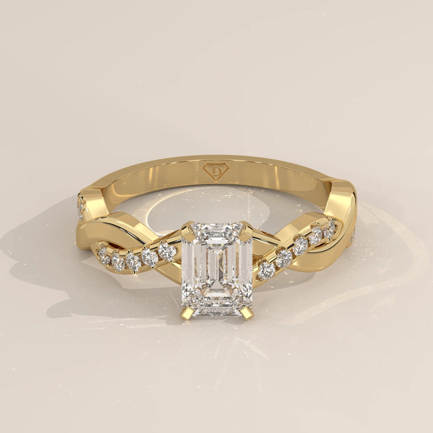 Three-Quarter View: Emerald Cut Diamond Band with Twisted Setting in Yellow Gold – Lab Grown – Driona Jewels