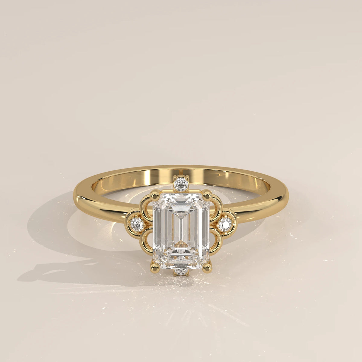 Emerald cut diamond engagement ring in yellow gold with smaller accent stones.