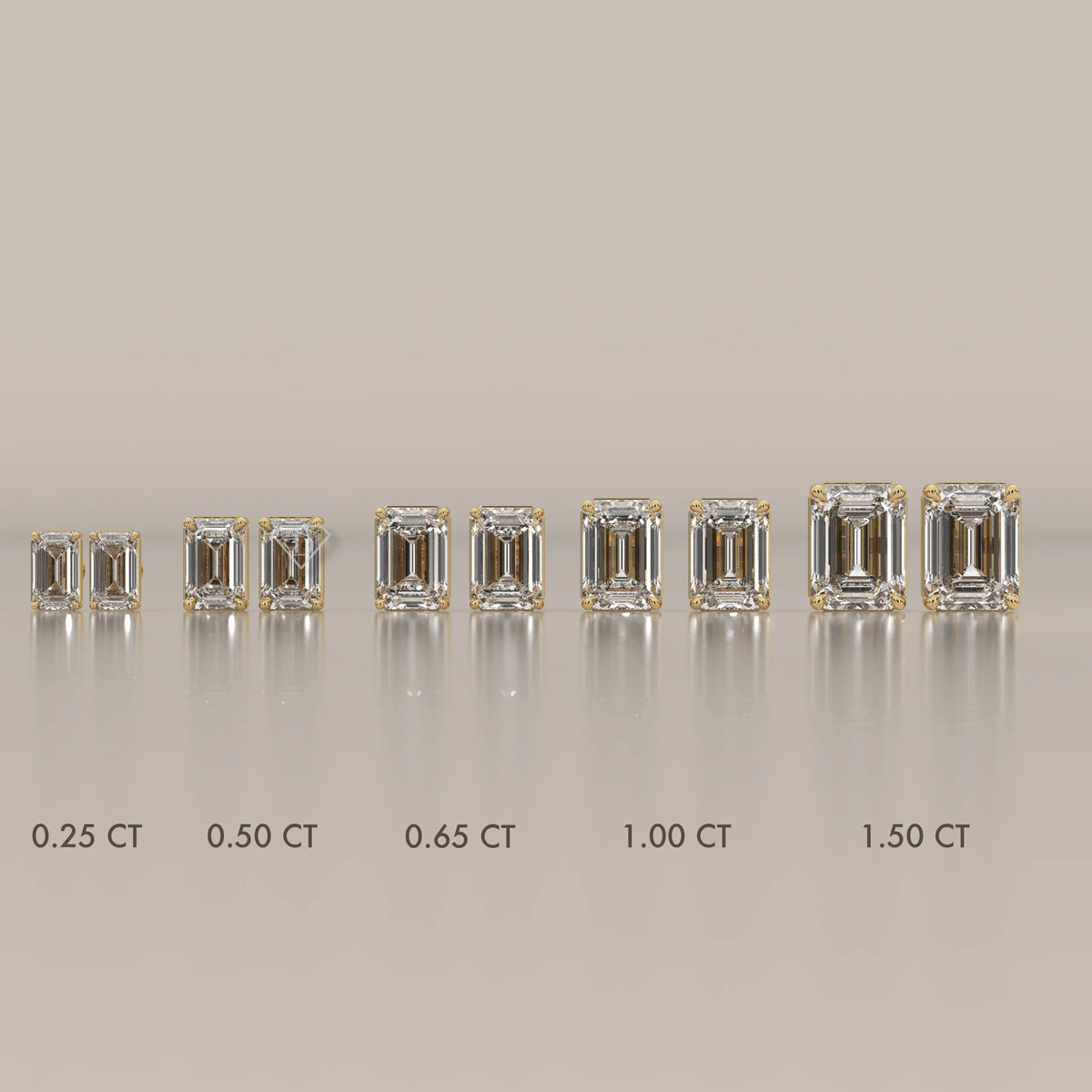 Emerald cut diamonds ranging in size from 0.25 CT to 1.50 CT.