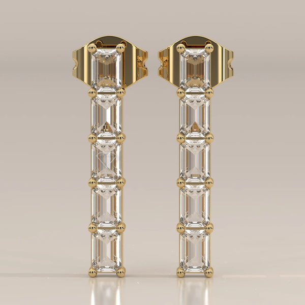 Front View: Emerald Cut Diamond Drop Earrings with Prong Setting in Yellow Gold – Lab Grown – Driona Jewels