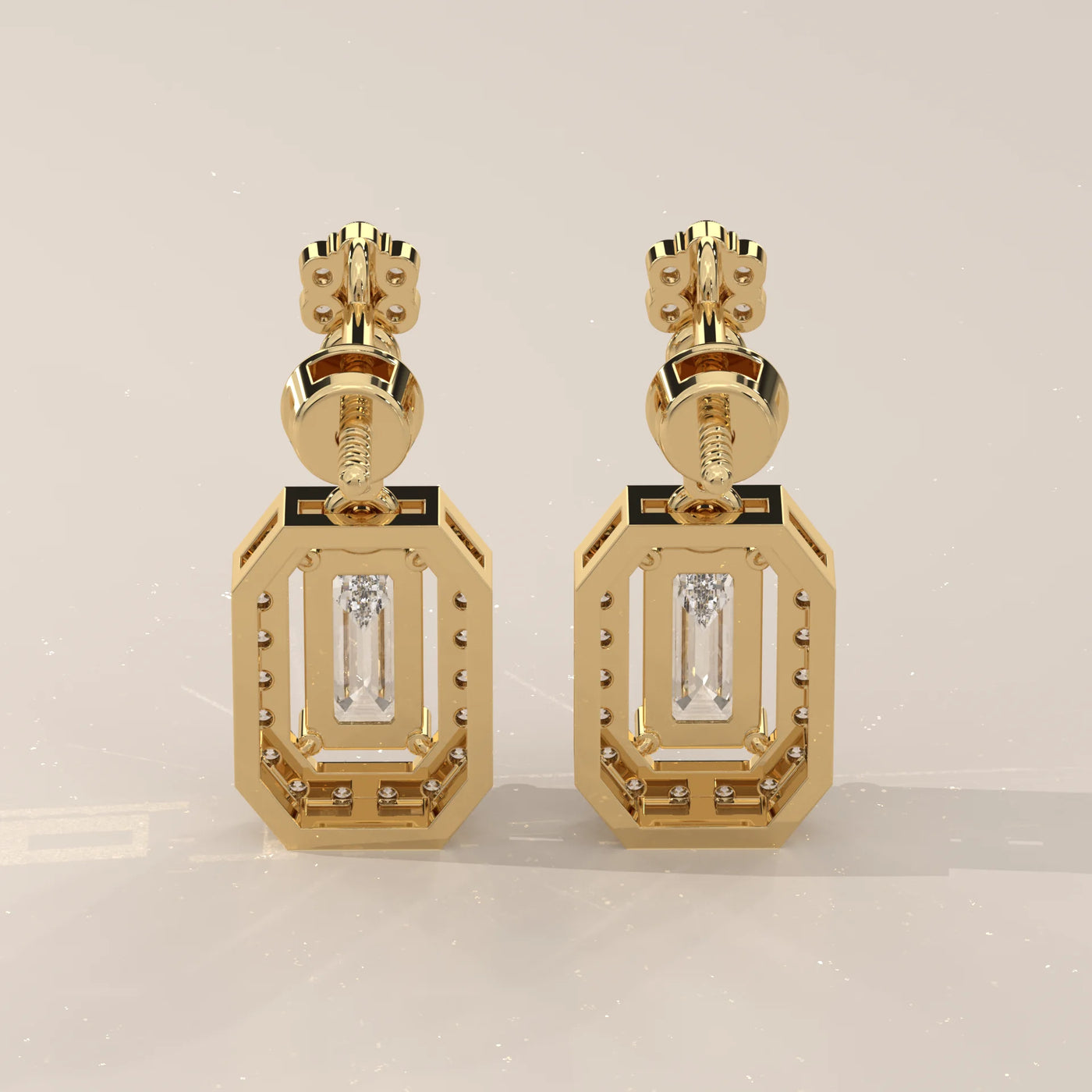 Back View: Emerald Cut Diamond Dangle Earrings with Halo Setting in Yellow Gold – Lab Grown – Driona Jewels