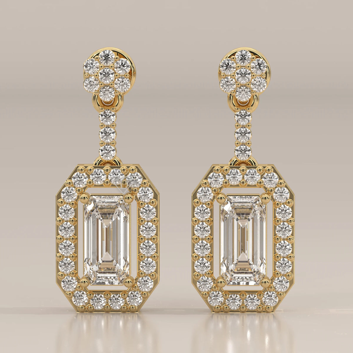 Front View: Emerald Cut Diamond Dangle Earrings with Halo Setting in Yellow Gold – Lab Grown – Driona Jewels