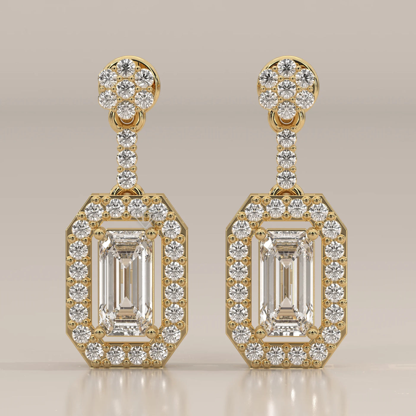 Front View: Emerald Cut Diamond Dangle Earrings with Halo Setting in Yellow Gold – Lab Grown – Driona Jewels