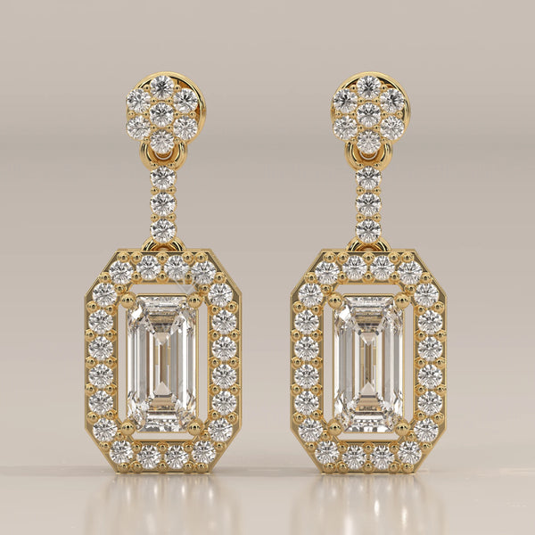 Front View: Emerald Cut Diamond Dangle Earrings with Halo Setting in Yellow Gold – Lab Grown – Driona Jewels