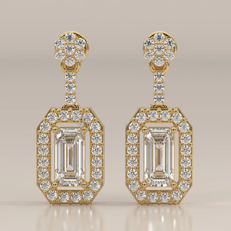 Front View: Emerald Cut Diamond Dangle Earrings with Halo Setting in Yellow Gold – Lab Grown – Driona Jewels