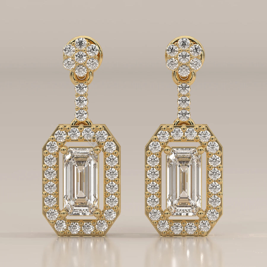 Front View: Emerald Cut Diamond Dangle Earrings with Halo Setting in Yellow Gold – Lab Grown – Driona Jewels