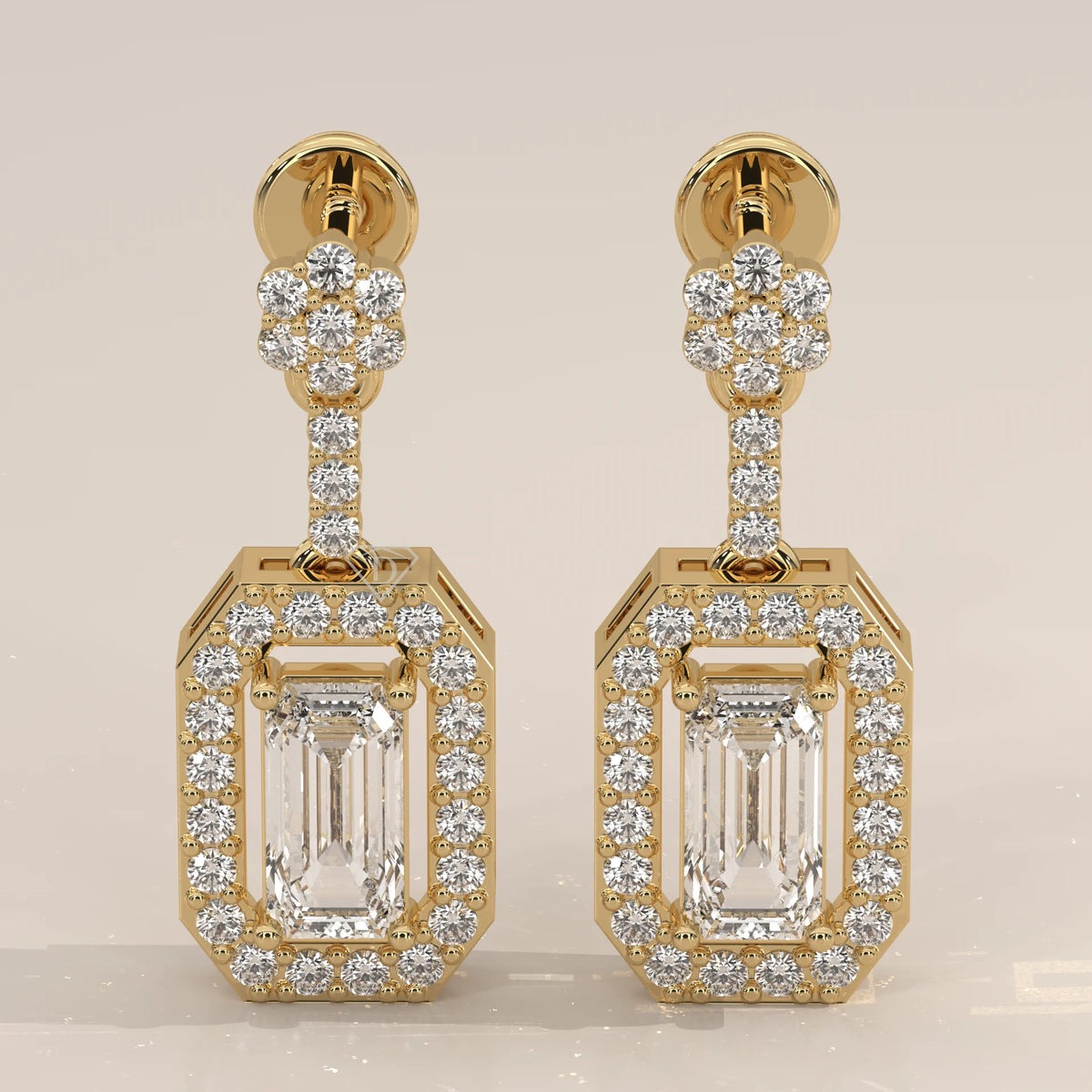 Pair Front View: Emerald Cut Diamond Dangle Earrings with Halo Setting in Yellow Gold – Lab Grown – Driona Jewels