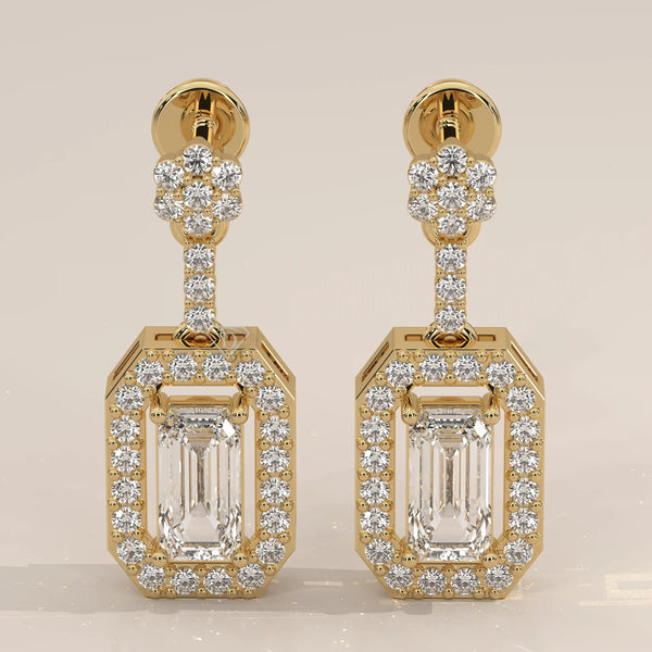 Pair Front View: Emerald Cut Diamond Dangle Earrings with Halo Setting in Yellow Gold – Lab Grown – Driona Jewels