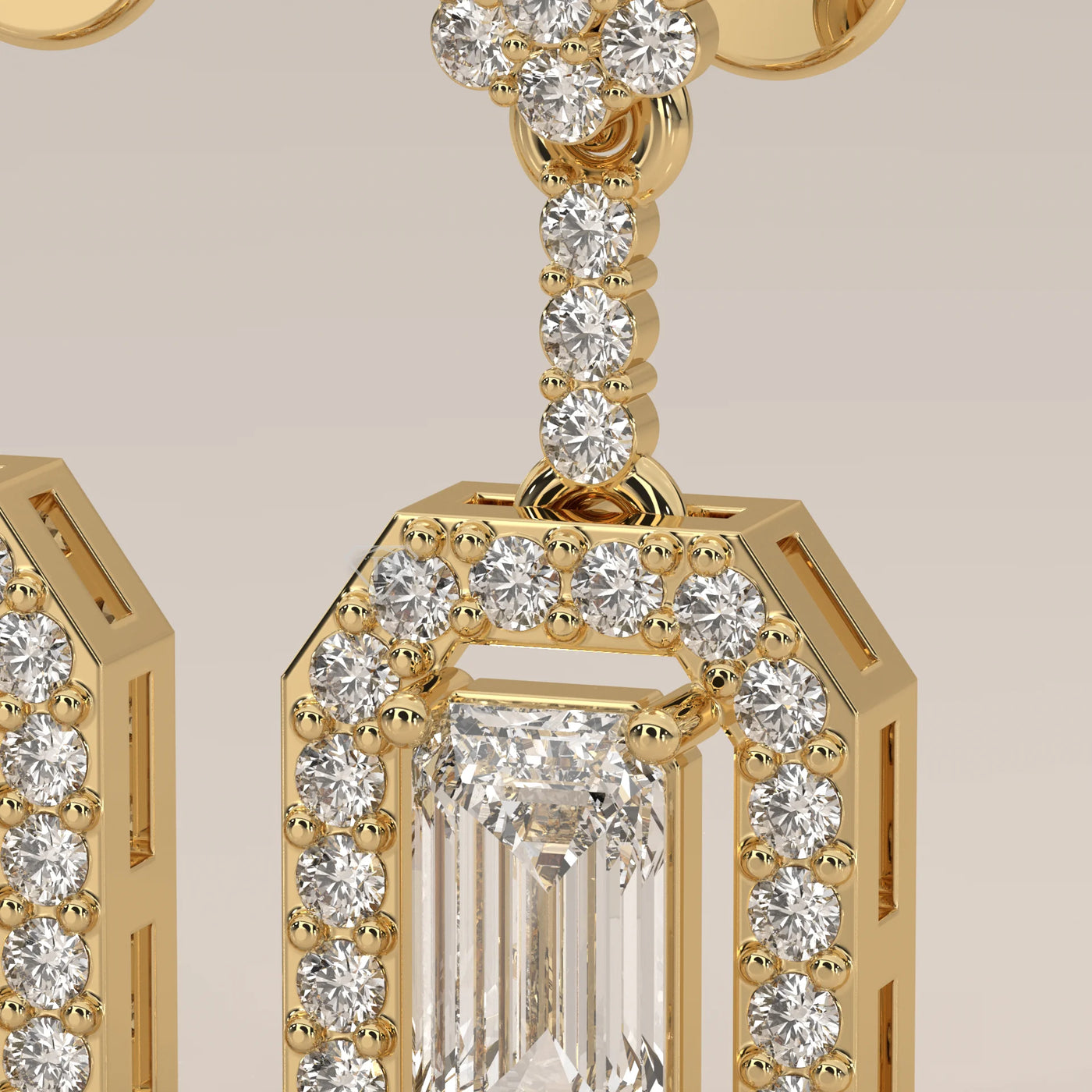 Stone Detail: Emerald Cut Lab Grown Diamonds in Halo Setting – Yellow Gold – Driona Jewels