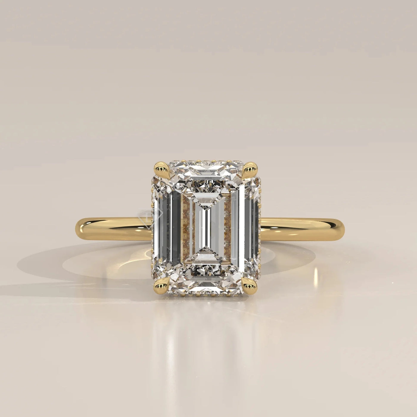 Front View: Emerald Cut Diamond Ring with Hidden Halo Setting in Yellow Gold – Lab Grown – Driona Jewels