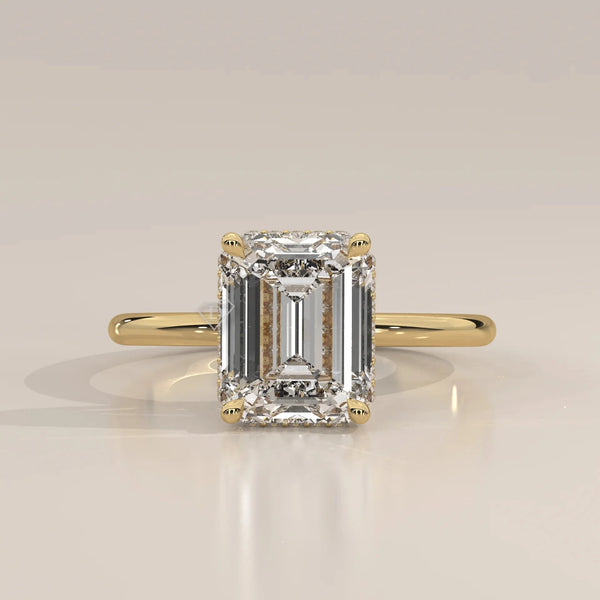Front View: Emerald Cut Diamond Ring with Hidden Halo Setting in Yellow Gold – Lab Grown – Driona Jewels