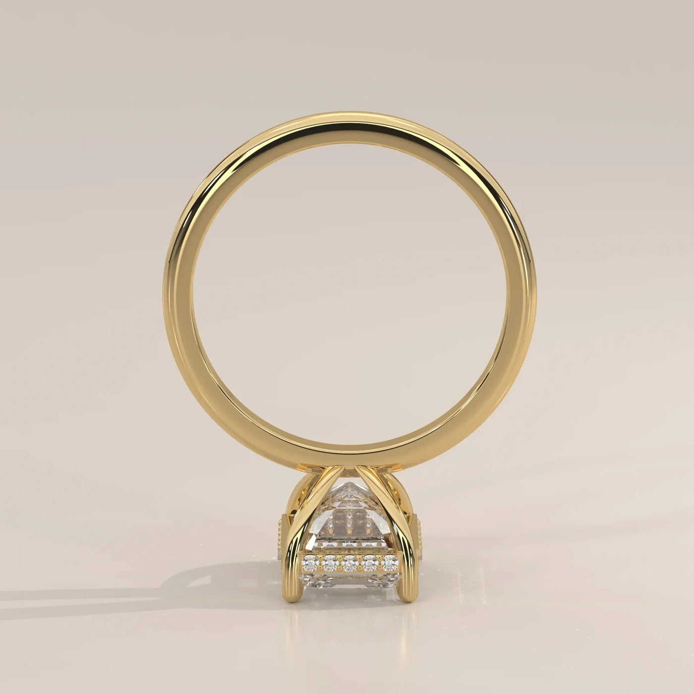 Side Profile: Emerald Cut Diamond Ring with Hidden Halo Setting in Yellow Gold – Lab Grown – Driona Jewels