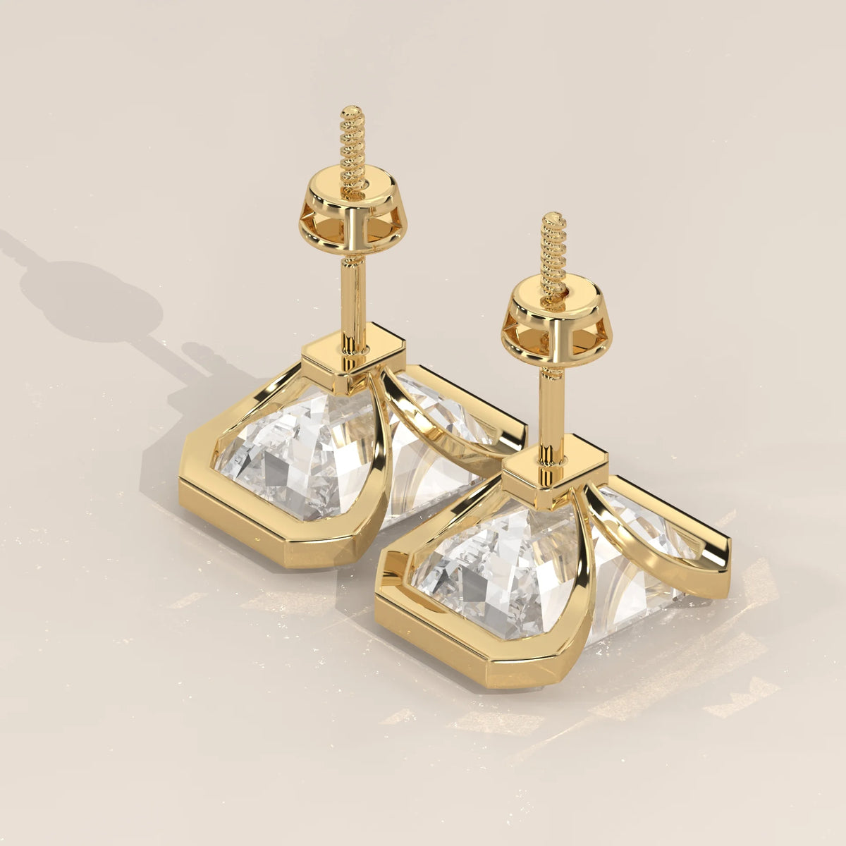 Emerald Cut Partial Bezel Lab Grown Diamond Stud Earrings in yellow gold, front view on a plain background.