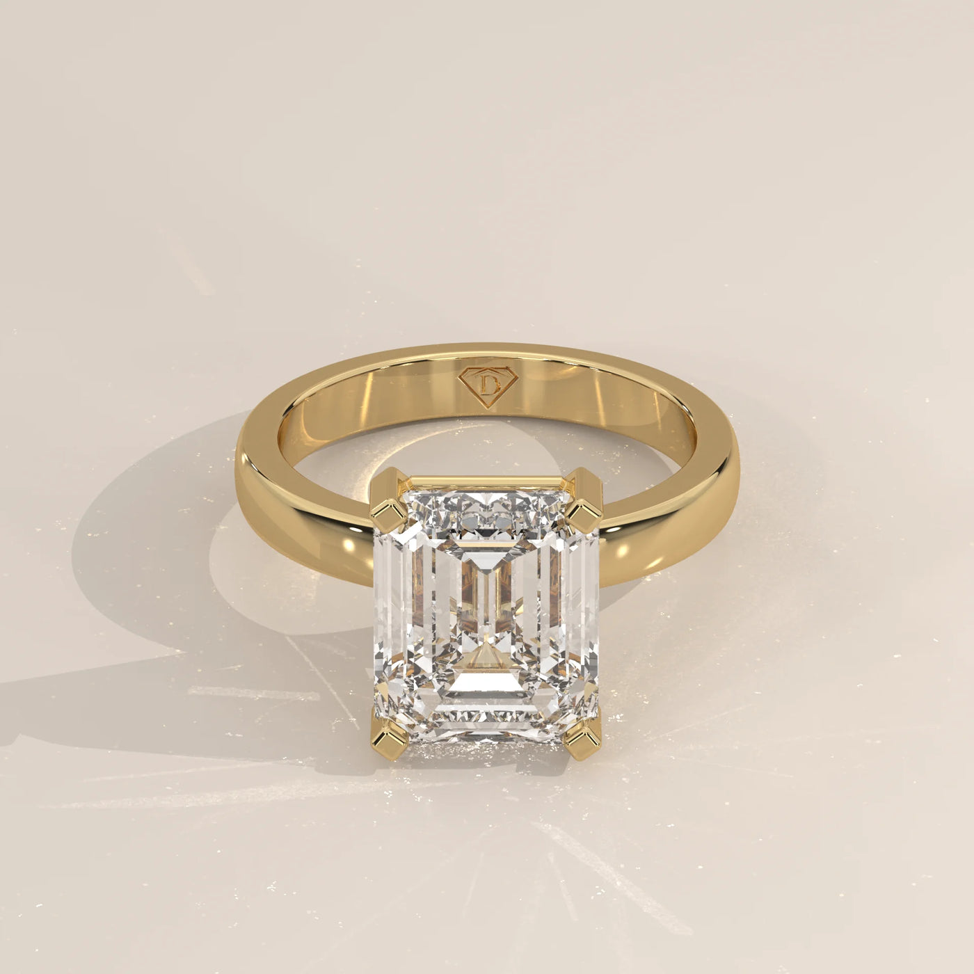 Three-Quarter View: Emerald Cut Diamond Engagement Ring with Solitaire Setting in Yellow Gold – Lab Grown – Driona Jewels