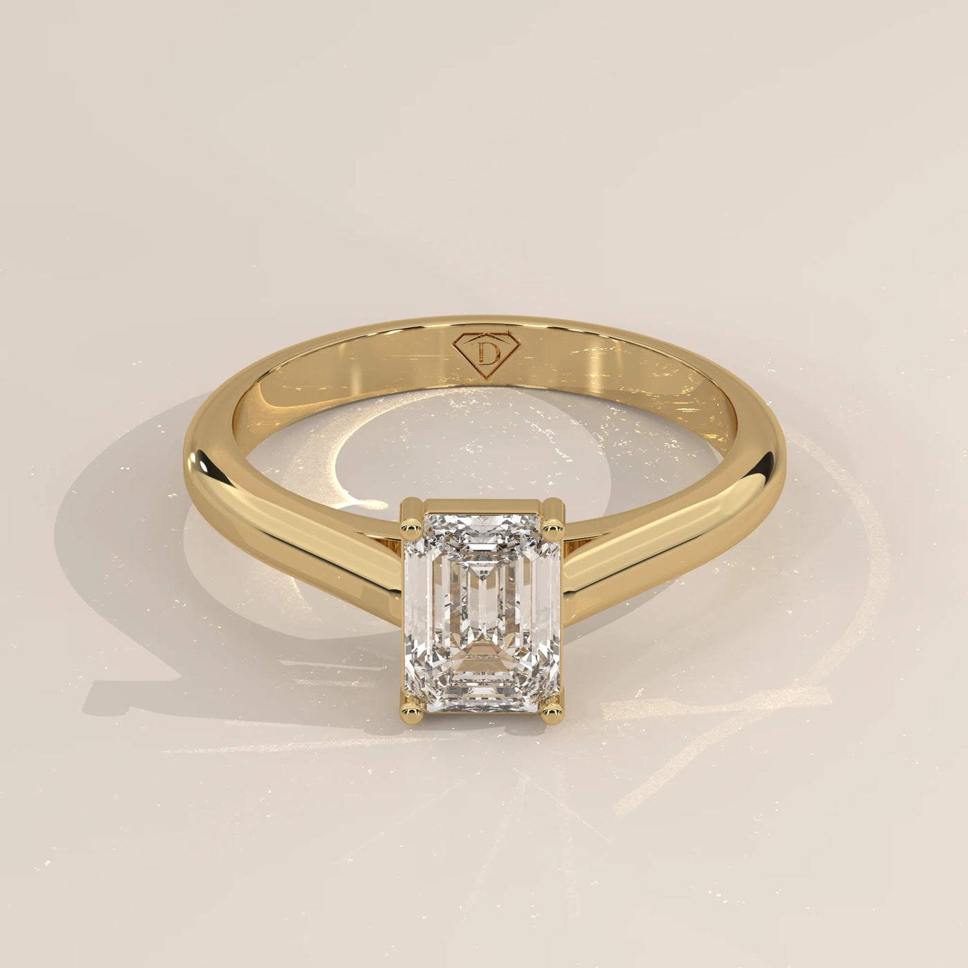 Three-Quarter View: Emerald Cut Diamond Ring with Solitaire Setting in Yellow Gold – Lab Grown – Driona Jewels