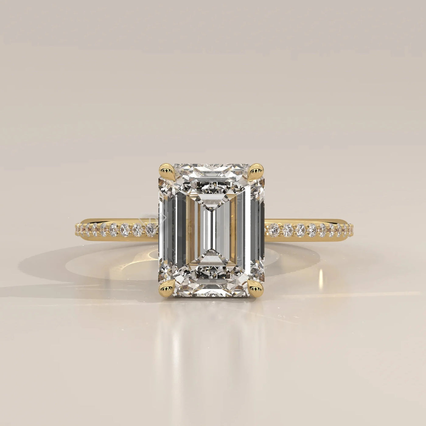 Front View: Emerald Cut Diamond Ring with Pavé Setting in Yellow Gold – Lab Grown – Driona Jewels