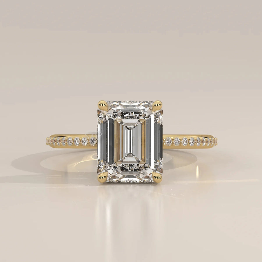 Front View: Emerald Cut Diamond Ring with Pavé Setting in Yellow Gold – Lab Grown – Driona Jewels