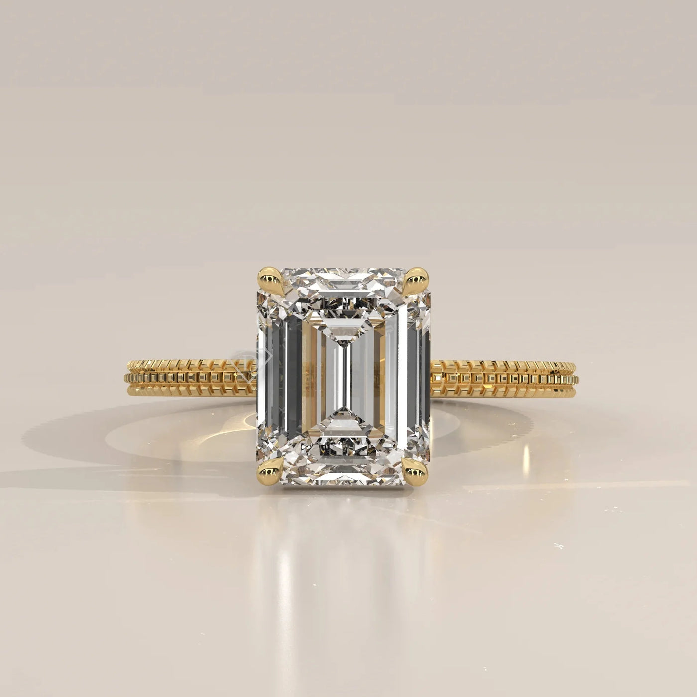 Front View: Emerald Cut Diamond Band with Solitaire Setting in Yellow Gold – Lab Grown – Driona Jewels