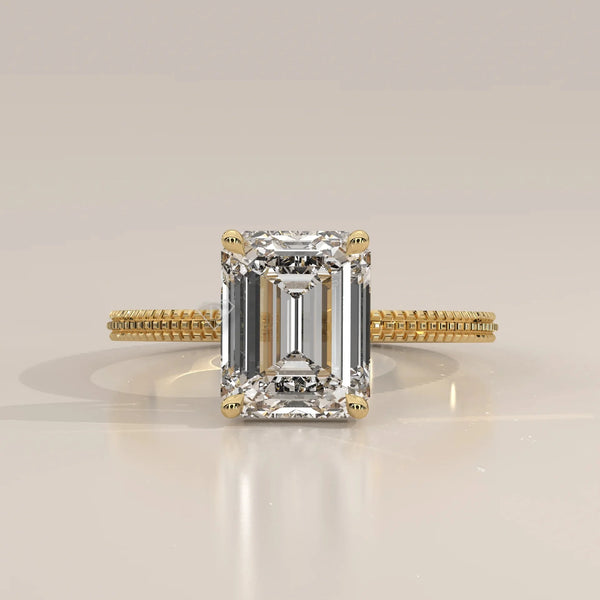 Front View: Emerald Cut Diamond Band with Solitaire Setting in Yellow Gold – Lab Grown – Driona Jewels