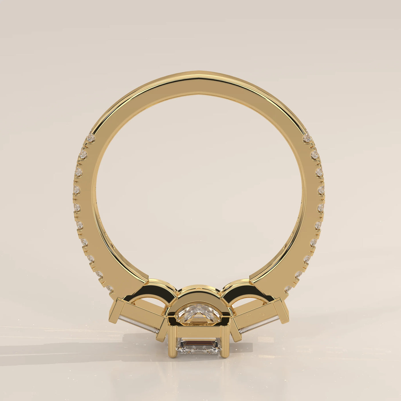 Front View: Emerald Cut Diamond Ring with Three-Stone Setting in Yellow Gold – Lab Grown – Driona Jewels