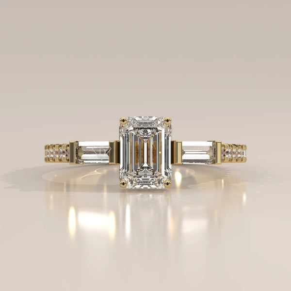 Side Profile: Emerald Cut Diamond Ring with Three-Stone Setting in Yellow Gold – Lab Grown – Driona Jewels
