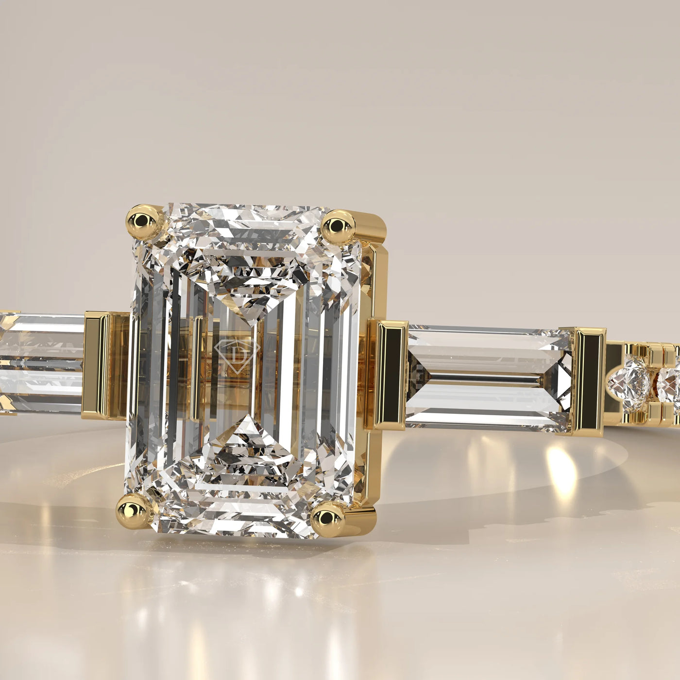 Stone Detail: Emerald Cut Lab Grown Diamonds in Three-Stone Setting – Yellow Gold – Driona Jewels