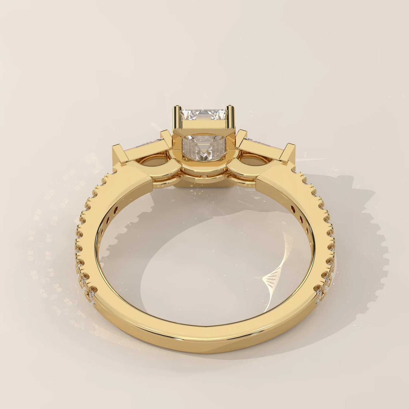 Top View: Emerald Cut Diamond Ring with Three-Stone Setting in Yellow Gold – Lab Grown – Driona Jewels