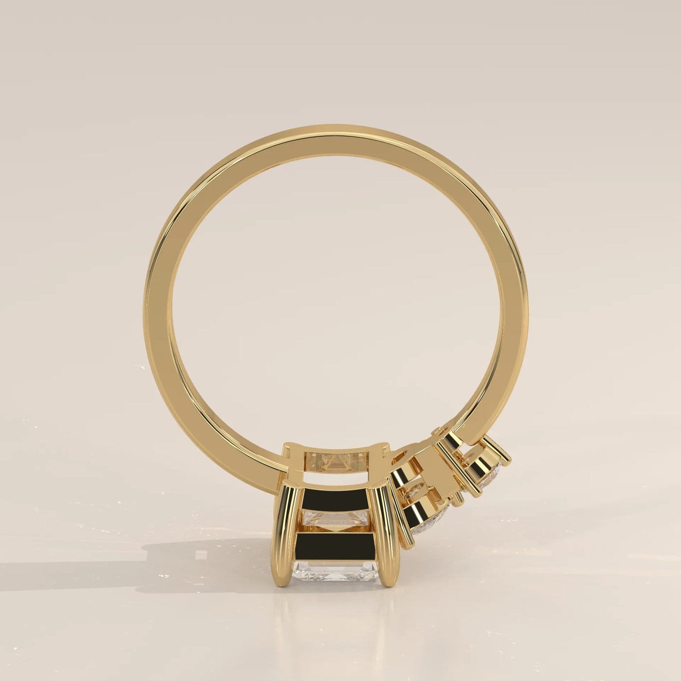 Front View: Emerald Cut Diamond Ring with Three-Stone Setting in Yellow Gold – Lab Grown – Driona Jewels
