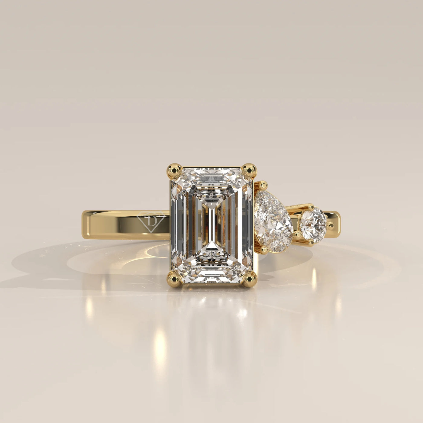 Side Profile: Emerald Cut Diamond Ring with Three-Stone Setting in Yellow Gold – Lab Grown – Driona Jewels