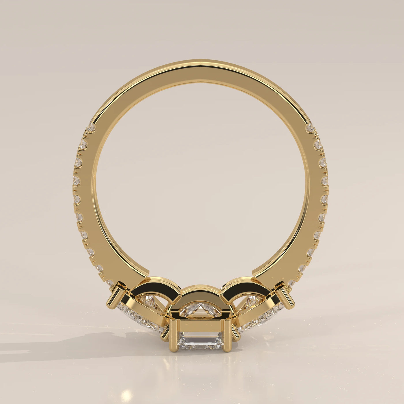 Front View: Emerald Cut Diamond Ring with Three-Stone Setting in Yellow Gold – Lab Grown – Driona Jewels